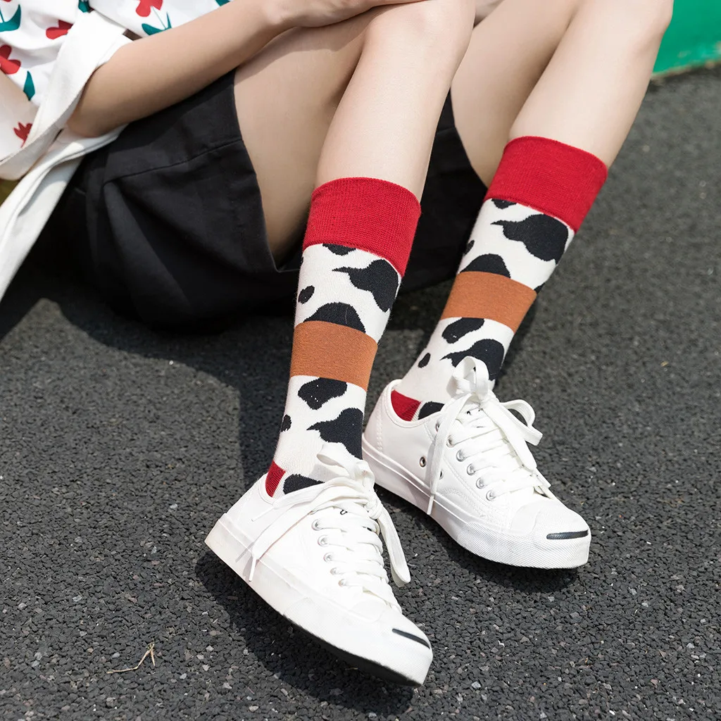 Women's Trend Cow Printing Bright Color Socks In The Tube Casual Cotton Socks Female Socks Funny Socks