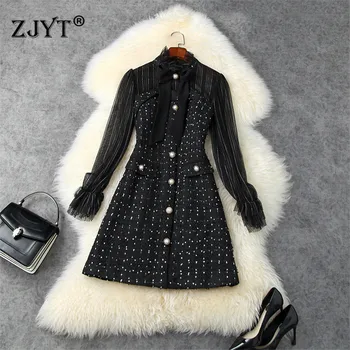 

Runway Designer Autumn Winter Women Fashion 2020 New Long Sleeve Bow Collar Lace Patchwork Sexy Tweed Woolen Dress Black Vestido