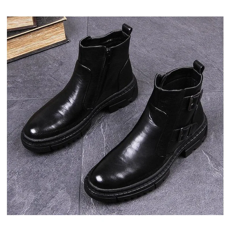 Black Boots men OVXUAN/Винтажные ботинки «Челси» с высоким берцем; мужские повседневные кожаные ботильоны с двойной пряжкой и ремешком; мужские кроссовки; ковбойская упряжка; ботинки - Цвет: Black Boots men