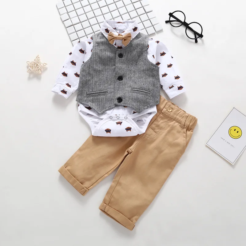 

Boy Clothes 3PCS Spring Newborn Baby Rompers+Vest Coat+pants Gentleman Boy Jumpsuits Kids Clothes 0-2Y