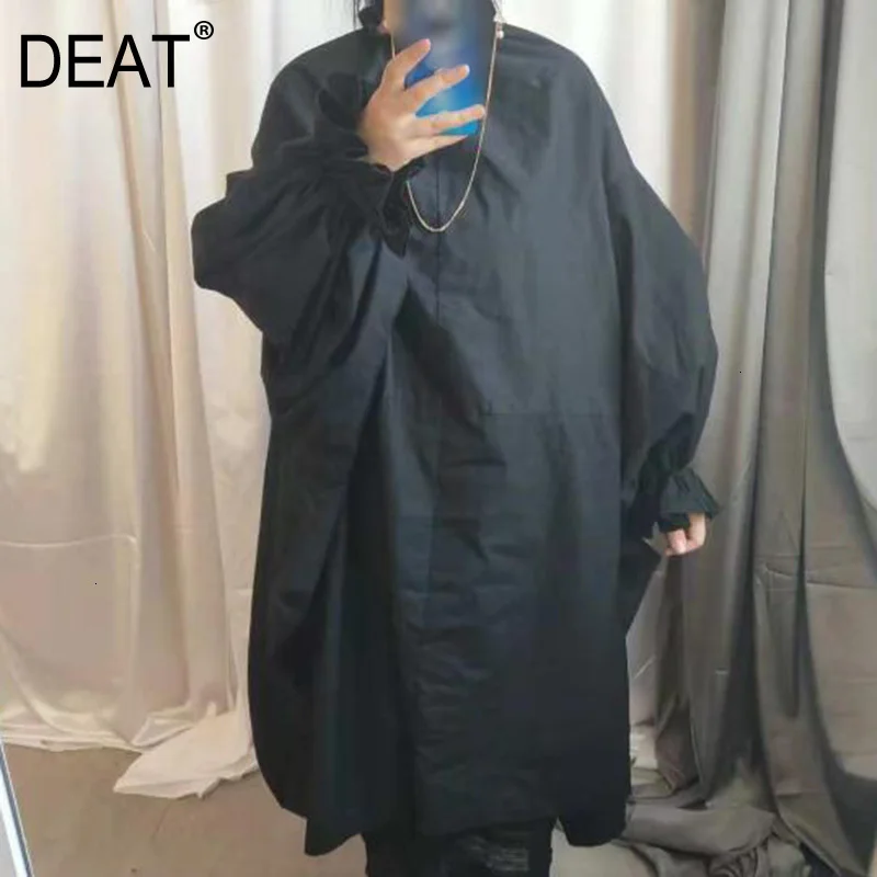 

[DEAT] 2020 Spring Summer Woman Stylish New Khaki Black Color Long Puff Sleeve Stand Collar Long Loose Big Size Dress LG030