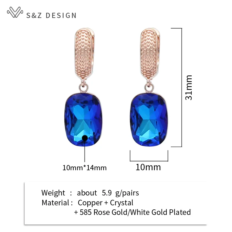 S&Z DESIGN Square Crystal Dangle Earrings For Women Wedding Jewelry 585 Rose Gold Color Party Fashion Eardrop
