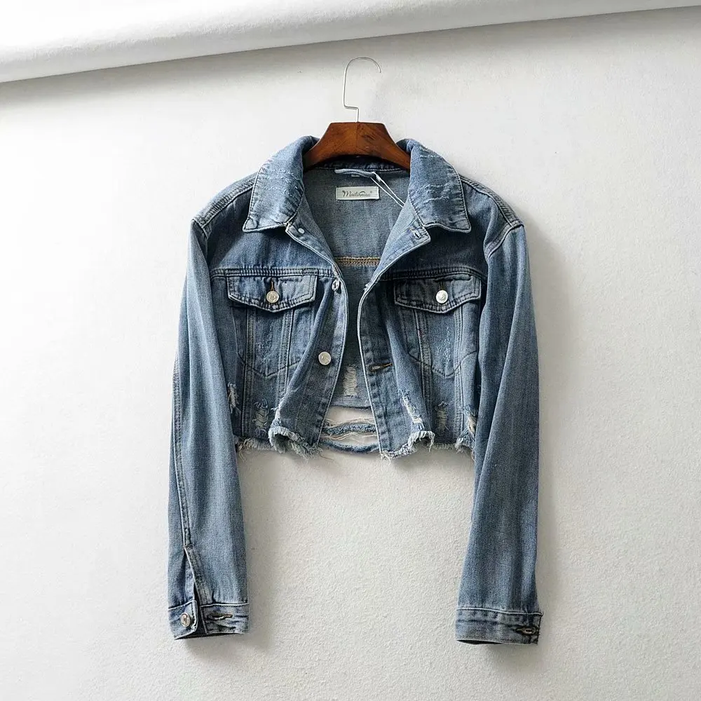

2019 Autumn New Style Hong Kong Flavor Retro High-waisted Slimming Korean-style with Holes Jeans Coat Women's Short Jacket