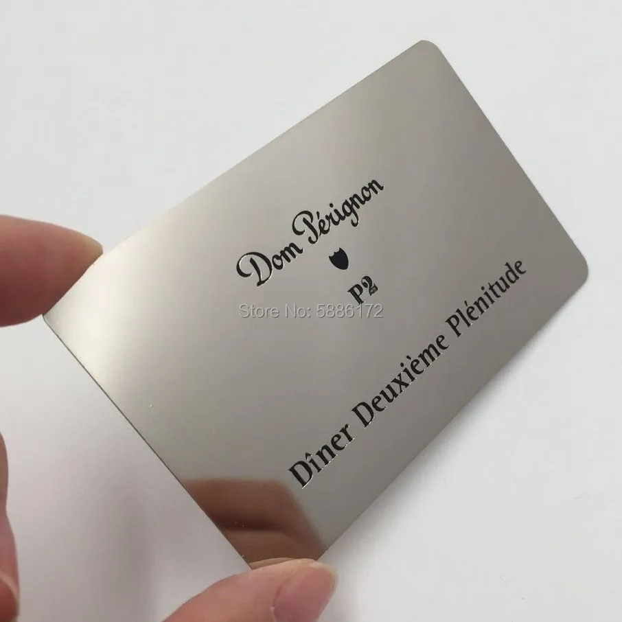 

100pcs/lot mirror metal business card etched logo and words,fill black color in the etched position