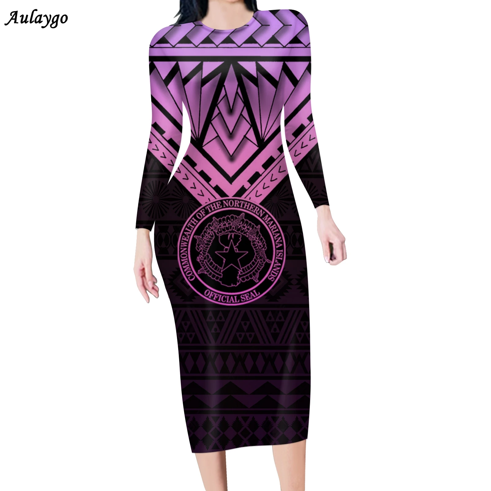 

Aulaygo Pacific Islands Polynesian Long Sexy Bodycon Dress Women Autumn Winter Long Sleeve Basic Elasticity Pencil Sheath Dress