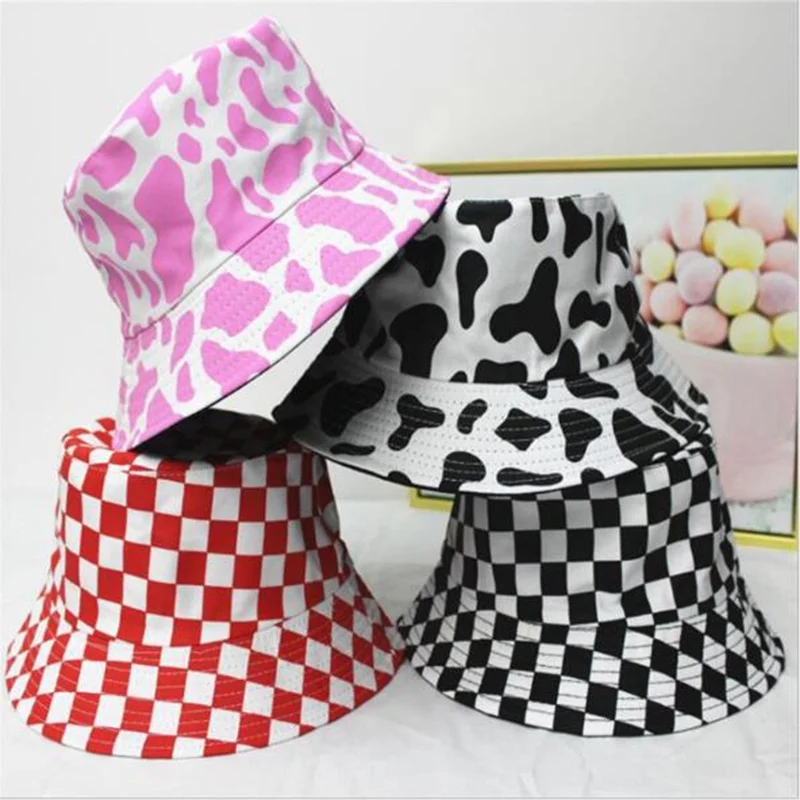 Double-sided Bucket Hat Black White Cow Pattern Summer Unisex Outdoor Panama Hat Fashion Activities Reversible Fisherman Caps