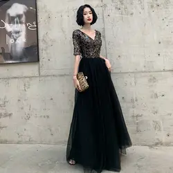 AE516 2019 роскошное вечернее платье с блестками банкетное Элегантное Черное вечернее платье с коротким рукавом для выпускного вечера Robe De Soire