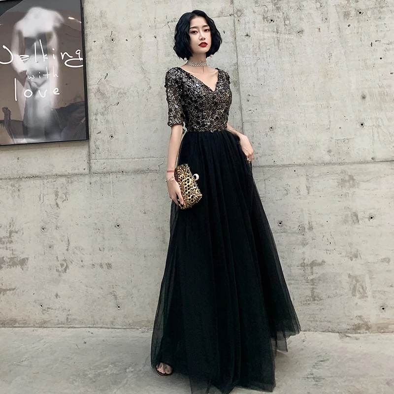 

AE516 2019 Luxury Sequins Evening Dress Banquet Elegant Black Half Sleeved Party Prom Gown Robe De Soire