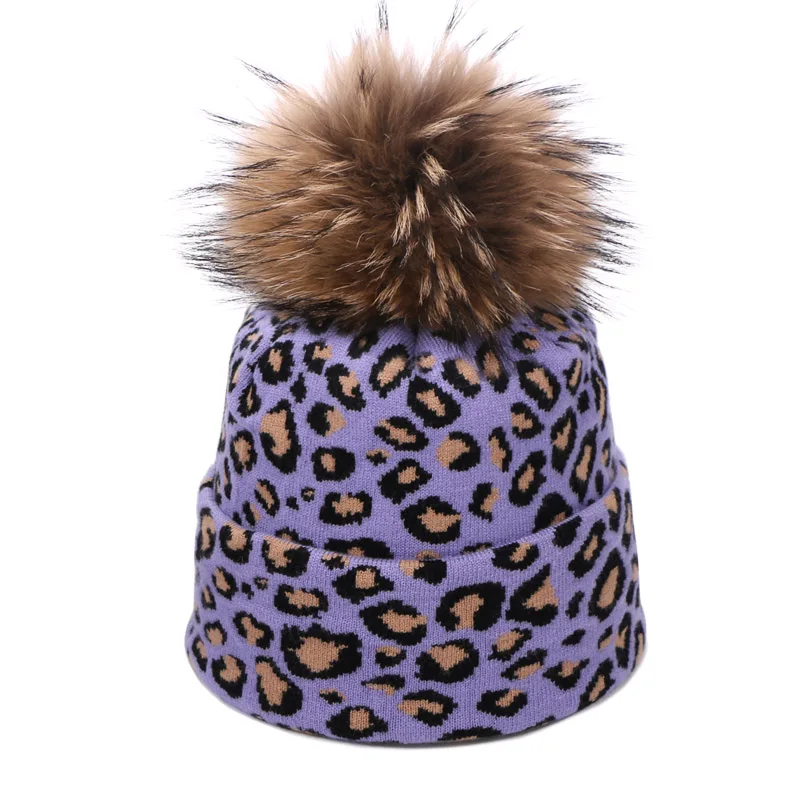 M Leopard Printed Beanie Hats Scarf Set With Real Fox Pompon For Women Winter Warm Thick Knitted Caps Fashion Lady Beanies 2 Piece - Color: M