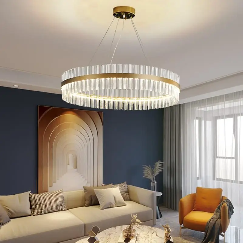 FSS Luxury Gold Round Chandelier For Living Dining Room LED Bedroom Light Transparent Glass Simple Ring Lampshade