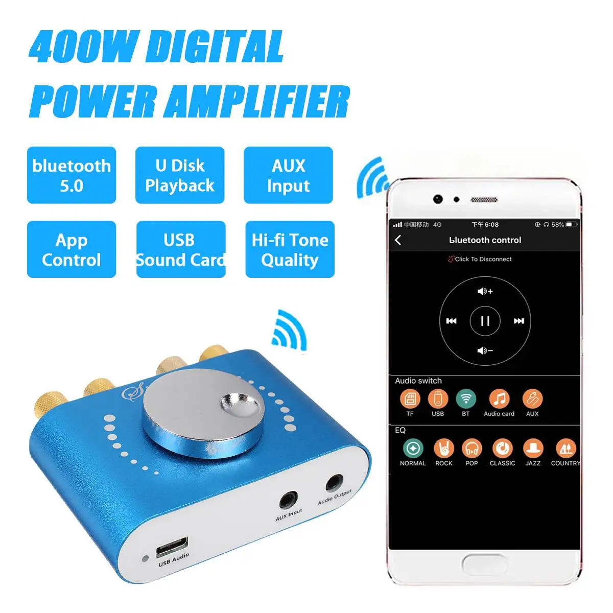 summing amplifier 200W+200W 12V/24V Mini bluetooth 5.0 Digital Amplifier Speaker Audio Power Class D HiFi Stereo USB Music Sound Card AMP Home Car power amplifier