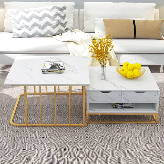  Marble Pattern Coffee Table Light Luxury White Black Gold Tea Table Wooden Steel Sofa Side Table Sq