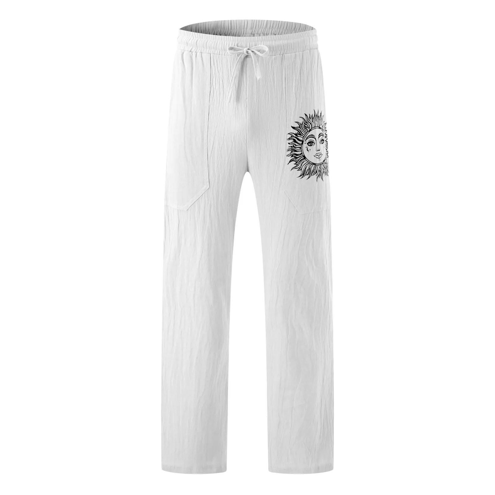 Men's Casual Pants Male Sun Flower Print Full Length Pants Pocket Drawstring Trousers Straight Loose Trousers Мужские Брюки 2