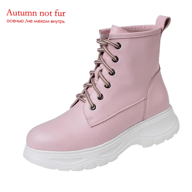 MORAZORA/Новинка года; ботильоны для женщин из натуральной кожи на шнуровке; сезон осень-зима; повседневная женская обувь на плоской платформе - Цвет: pink  not fur