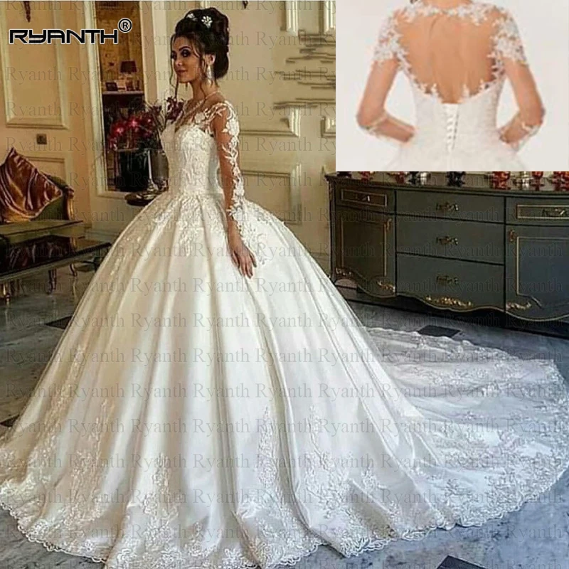 Vestido de noiva, роскошное бальное платье принцессы, атласное свадебное платье,, на заказ, халат de mariee, кружевное свадебное платье с длинными рукавами