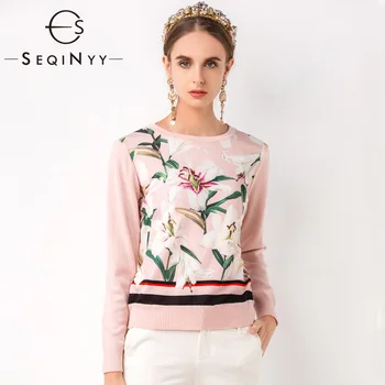 

SEQINYY High Quality Sweatshirt 2020 Autumn Spring New Fashion Design Women Loose Knit Romantic Lily Flowers Print Pullover