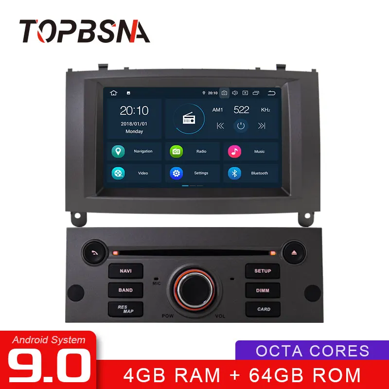 

TOPBSNA 1 Din Android 9.0 Car Multimedia Player For Peugeot 407 2004-2010 Car Radio GPS Navigation Stereo DVD WIFI 8 CORE 4G+64G