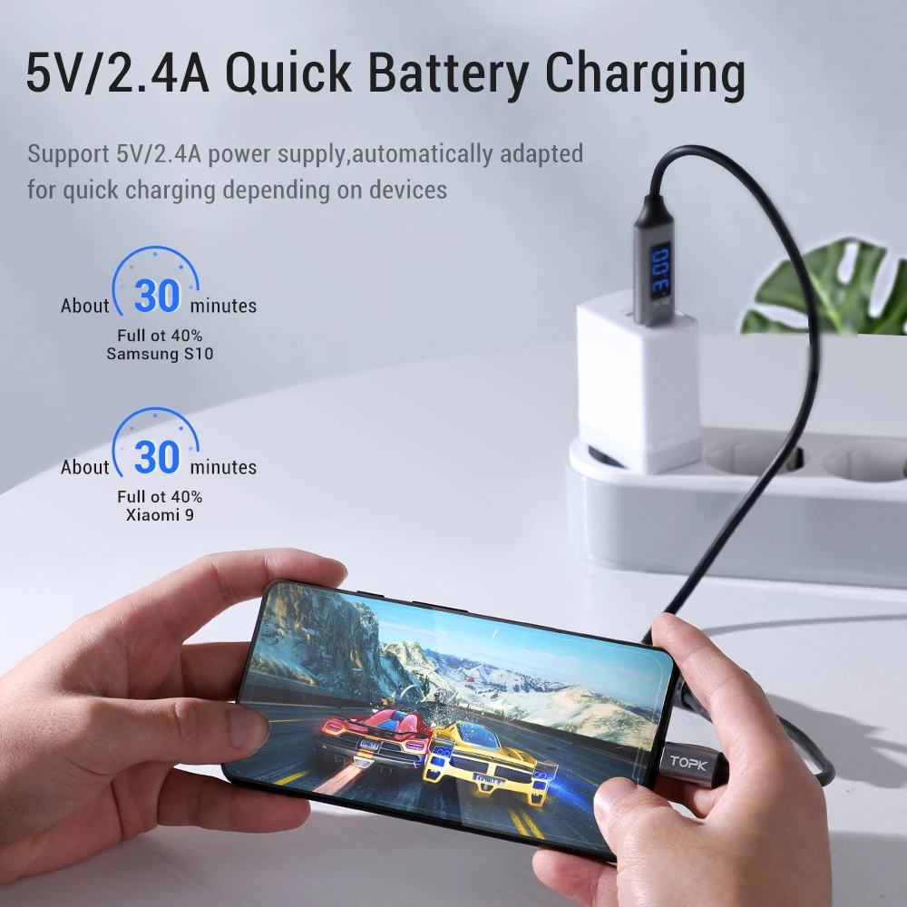 Кабель Micro USB TOPK длина 1 м отображение напряжения и силы тока|cable for|usb cable ledmicro usb |