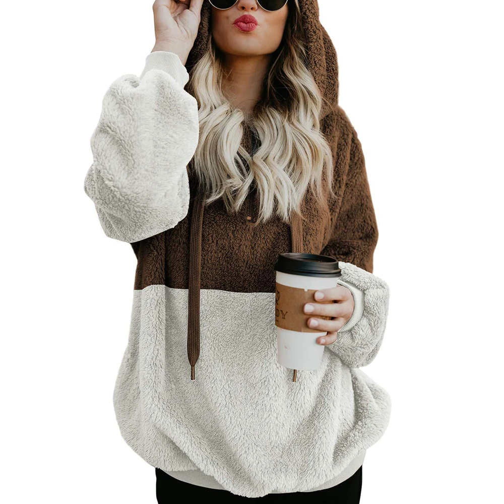 

Women Fuzzy Fleece Sweatshirt Hooded Long Sleeve Pullover Tops Warm Color Block Patchwork Coat Winter Cozy Tracksuit