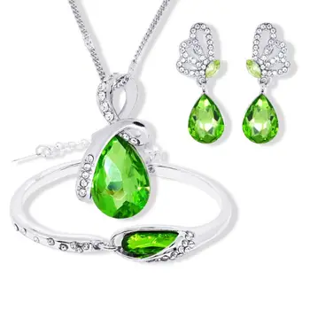 

925 sterling silver necklace earrings bracelet, ladies wedding engagement Fine jewelry set water drops green crystal heart