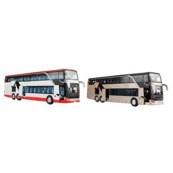 

2 Pcs 1:32 Double Sightseeing Bus Model Toy Children Birthday Gifts Cars Alloy Flashing Sound Vehicle Toys, Red & Gold