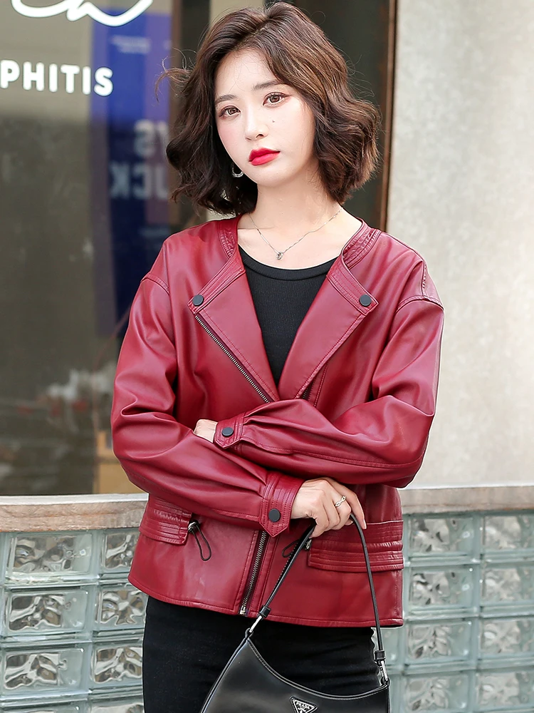 New Women Biker Leather Jacket Spring Autumn 2024 Fashion Design O-Neck Solid Color Zipper All-match Loose Short Sheepskin Coat