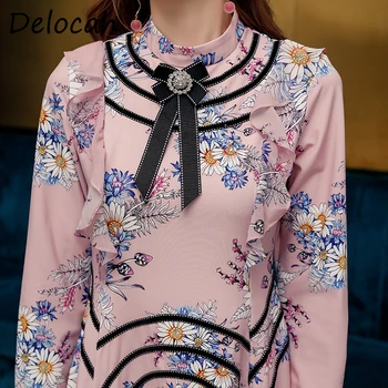 

Delocah Women Autumn Fashion Designer Party Midi Dress Bow Crystal Long Sleeve Floral Print Ladies A-Line Dresses vestidos 2020