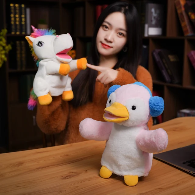 1pcs 30cm Kawaii Unicorn/Chick/Duck Hand puppet Plush Doll Kids Birthday Gift Baby Animal Cow Appeaseing Toy 2