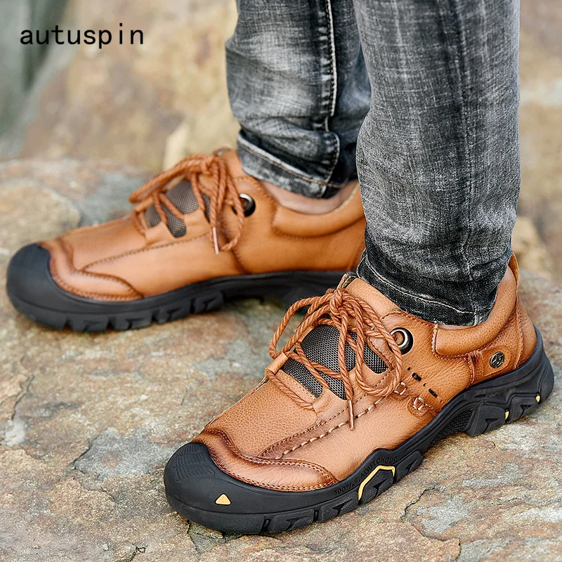 

autuspin Genuine Leather Outdoor Hunting Trekking Boots Men Soft Rubber Tactical Shoes Mountain Hiking Boot Retro Men's Sneakers