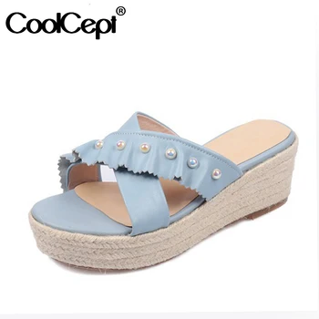 

CoolCept Woman Sandals Real Leather Wedges High Platform Woman Summer Shoes Fashion Sweet Beads Woman Shoes Footwear Size 34-39