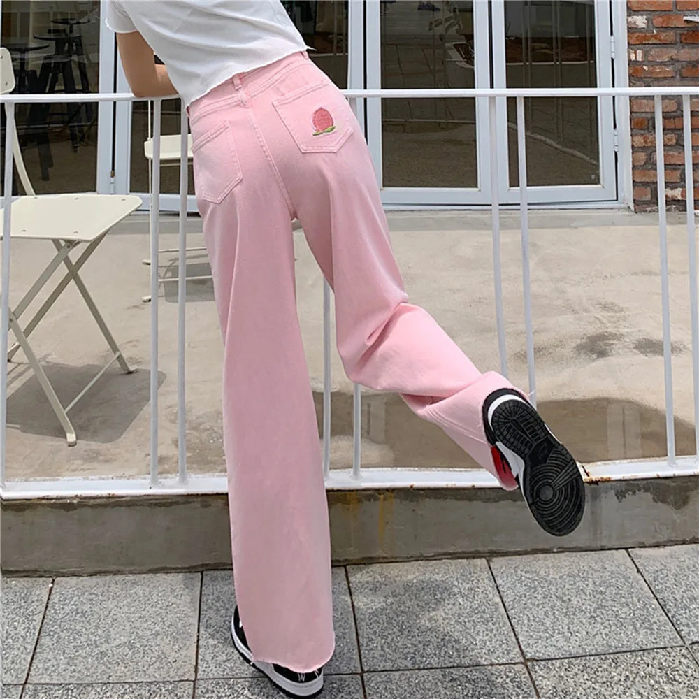 Sweet Pink Jeans Embroidery Peach Pocket High Waist Denim Pant Mom Trouser  Elegant Korean Women Bottom Kawaii Clothing