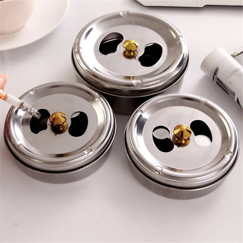 

Practical Stainless Steel Smoking Ashtray Lid Rotation Fully Enclosed Ashtray