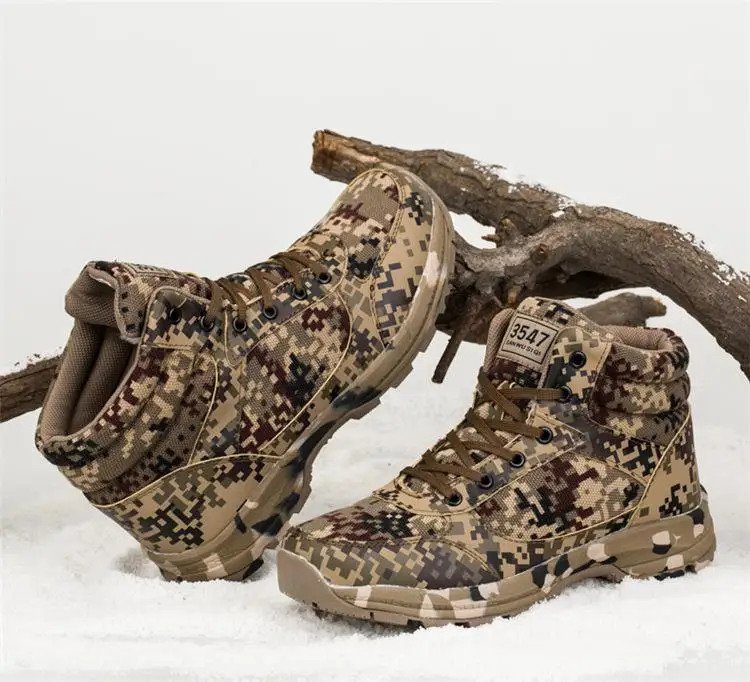 Уличная Зимняя обувь мужская прогулочная обувь на искусственном меху со шнуровкой Рабочая обувь Нескользящая теплая хлопковая камуфляжная обувь Botas De Hombre
