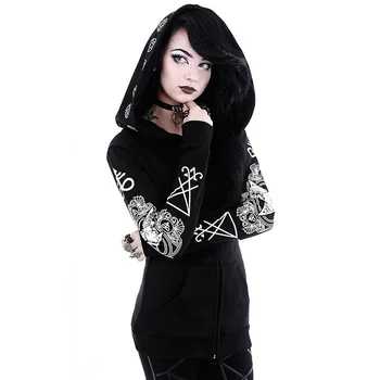 

Women's Punk Hoodie Vintage Sun Moon Sheephead Pattern Print Long-sleeved Sweater Long Black Cardigan