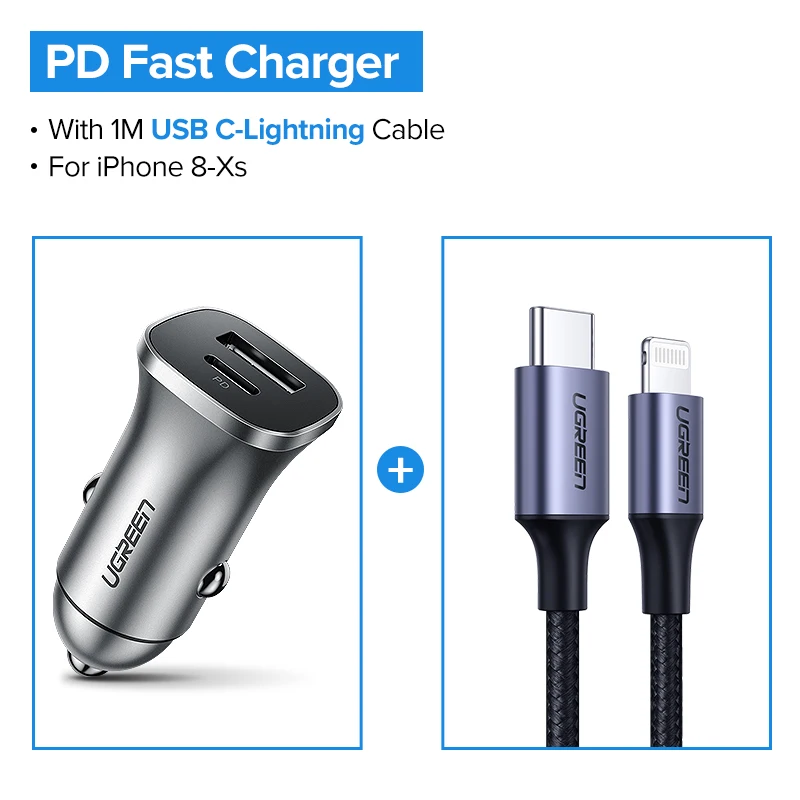 Ugreen Quick Charge 4.0 3.0 QC USB Car Charger for Xiaomi QC4.0 QC3.0 18W Type C PD Car Charging for iPhone 11 X Xs 8 PD Charger - Тип штекера: Add 1M C-Lightning