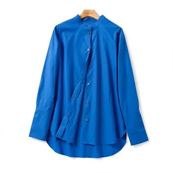 

Women Shirt Early Spring Split Button Small Stand Collar Blue Casual Shirt