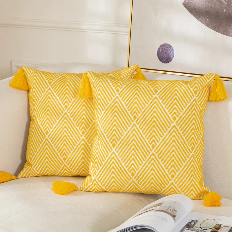 Наволочка для подушки 45x45 см, геометрический холст, хлопковая наволочка с вышивкой, декоративная наволочка для дивана, кровати, желтый цвет
