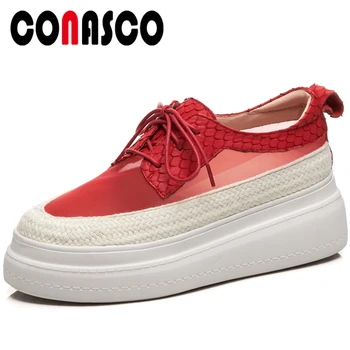 

CONASCO Fashion Concise Casual 2020 Spring Summer Genuine Leather Women Flats Sequins Cross-Tied Mesh Flat Platform Shoes Woman