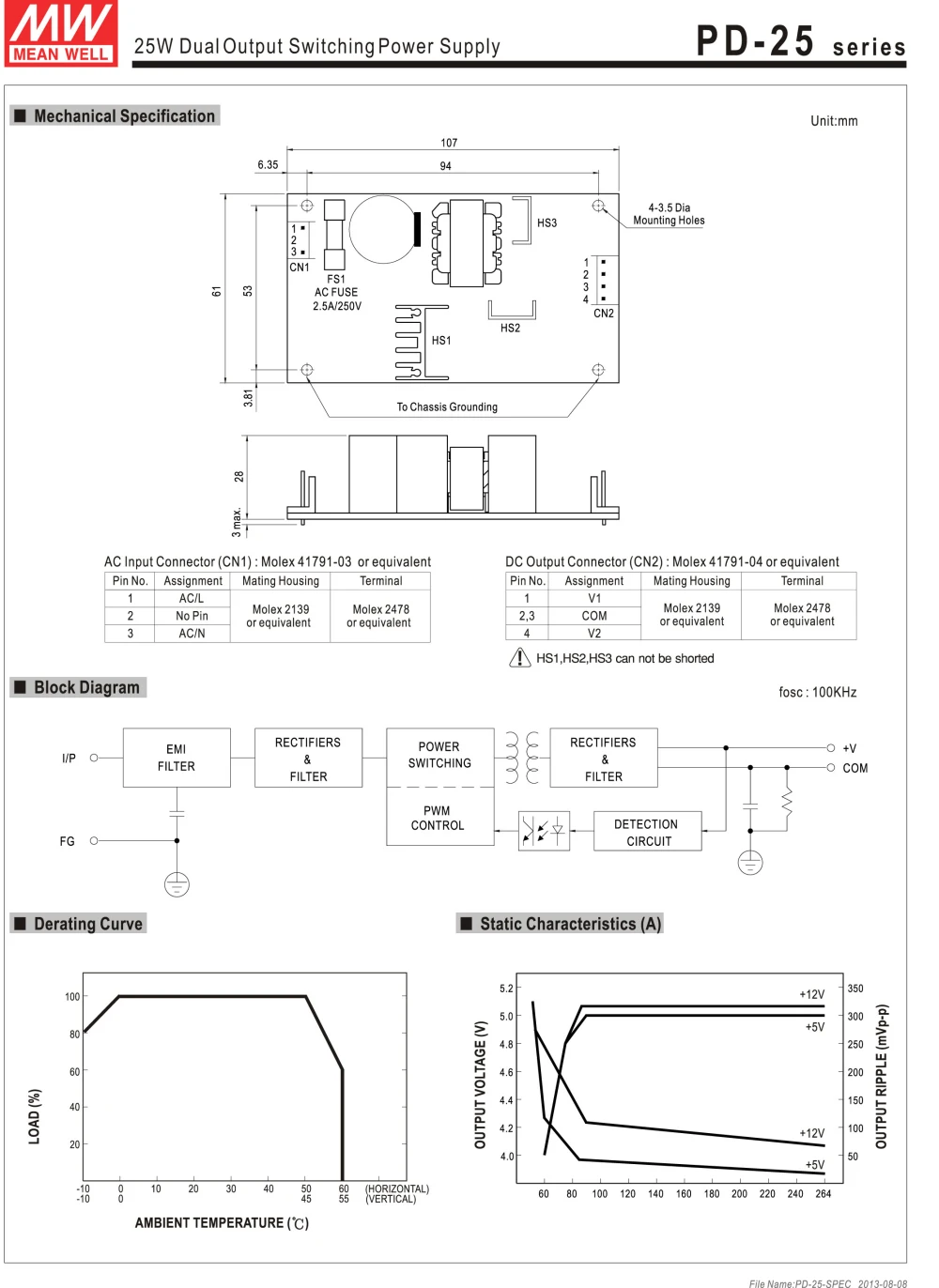 MEAN WELL PD-2505 25 Вт 5 в-5 в двойной выход импульсный источник питания 110 В/220 В переменного тока до 5 в-5 В постоянного тока 2.5A 2.5A PCB тип открытая рамка smps