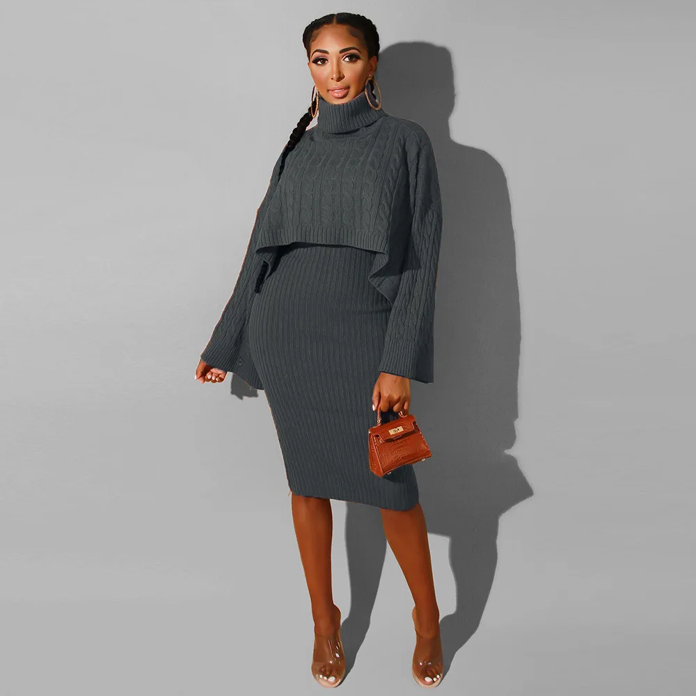 Autumn Winter Knitted Sweater Two Piece Set Turtleneck Long Sleeve Loose Crop Top+ Bandage Midi Tank Dress Plus Size Tracksuit