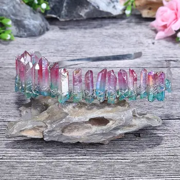 

Handmade Quartz Crystal Crown Gradient Green Pink Stone Angel Aura Hair Hoop