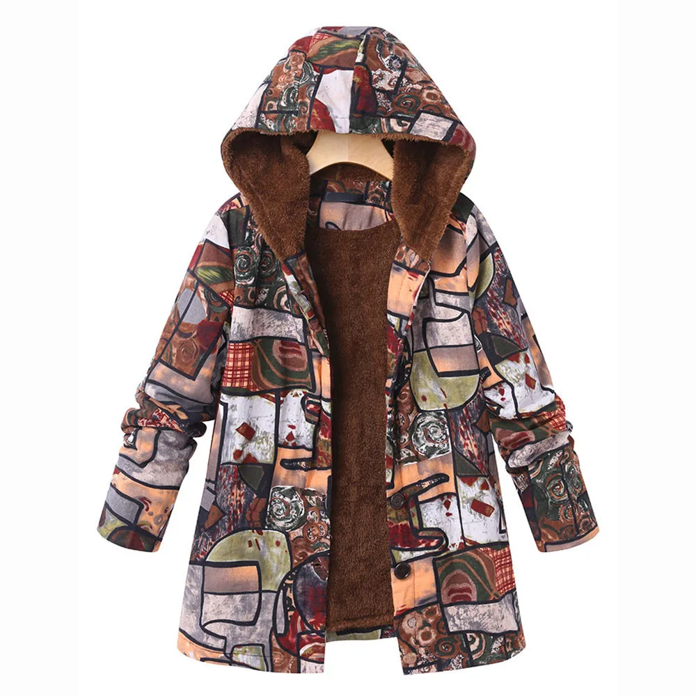

Womens Winter Warm Outwear Floral Print Hooded Pockets Vintage Oversize Coats Womens Button Casual Winter Warm Coat