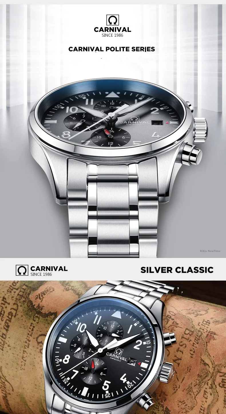 2022 Luxury Brand CARNIVAL Automatic Watch for Men Sapphire Calendar Luminous Stainless Steel Army waterproof Dive Men's Watches