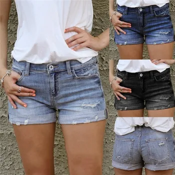 

Vintage Ripped Hole Fringe Blue Denim Shorts Women Casual Button Pocket Jeans Shorts 2020 New Style Shorts