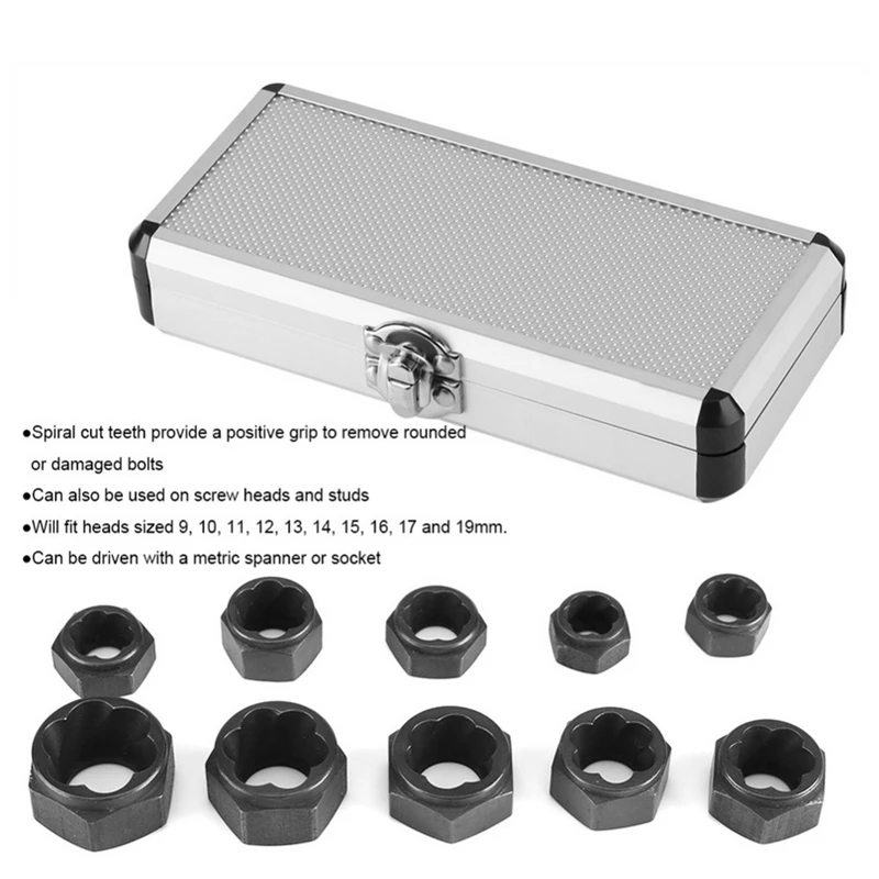 

10 Pcs/Set 9-19mm Bolt Nut Remover Extractor Set Black Damaged Nuts Extractors Broken Bolt Removal Kit High/Short Type