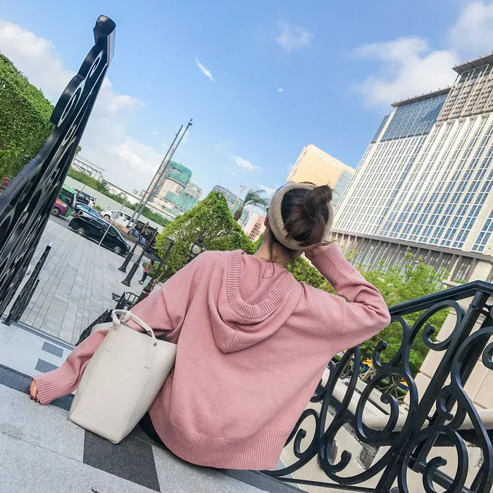 Женский вязаный свитер Harajuku с капюшоном, длинный рукав, эластичные однотонные пуловеры, Женские повседневные шикарные топы, женская зимняя одежда