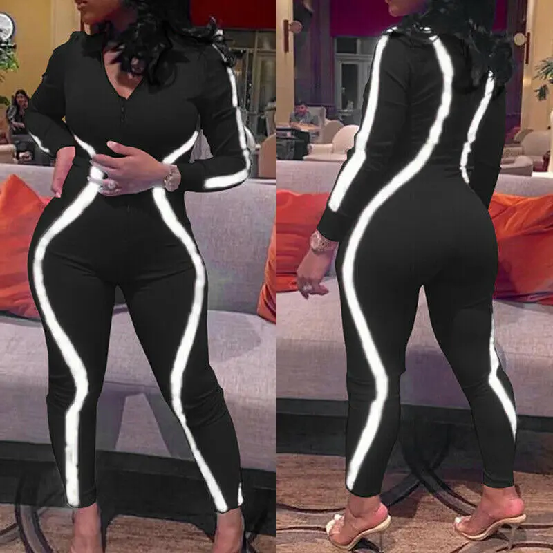 2019 Autumn Women Reflective Striped Jumpsuit Long Sleeve V-Neck Zipper Bodycon Romper Sexy Skinny Ladies Long Pants Jumpsuit