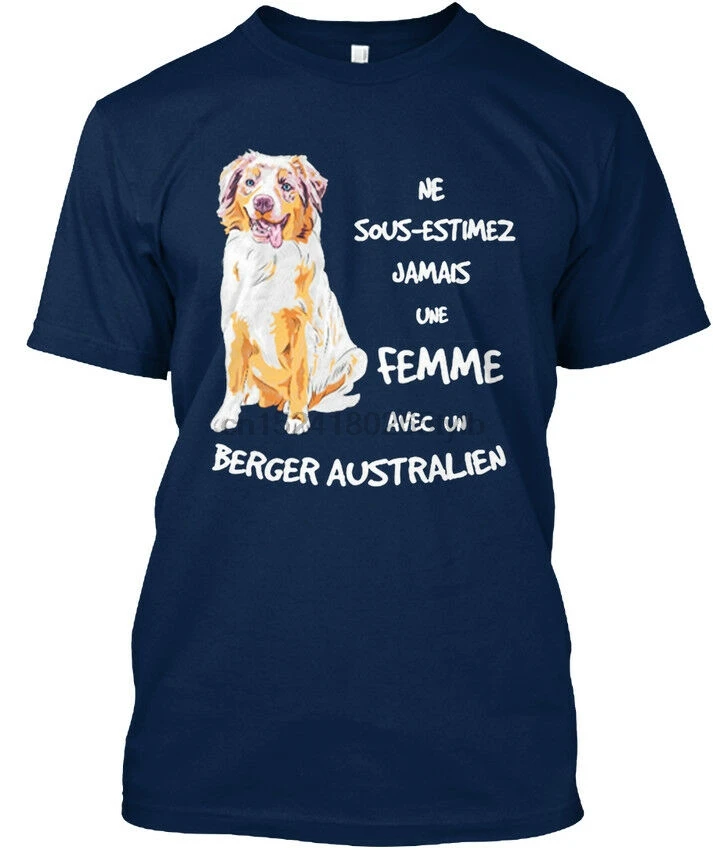 A woman with an australian shepherd-never underestimate stylish t-shirt |