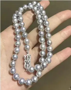 

elegant 9-10mm round silver grey pearl necklace 18inch