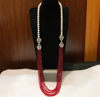 

Free Shipping Rose button CZ Clasp New natural pearl necklace, green jade Garnet, multi-layer long sweater chain, multi-way